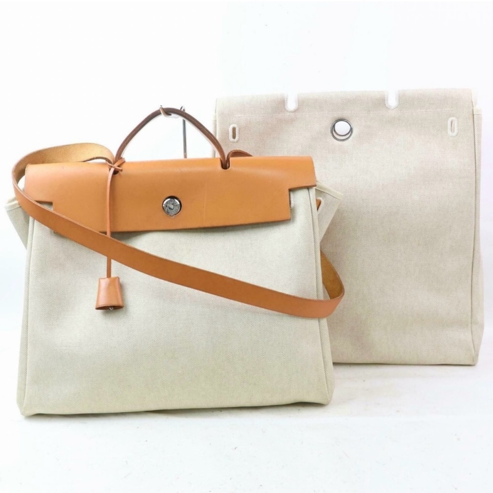 Auth Hermes Her Bag Mm Cream Canvas #1615H53